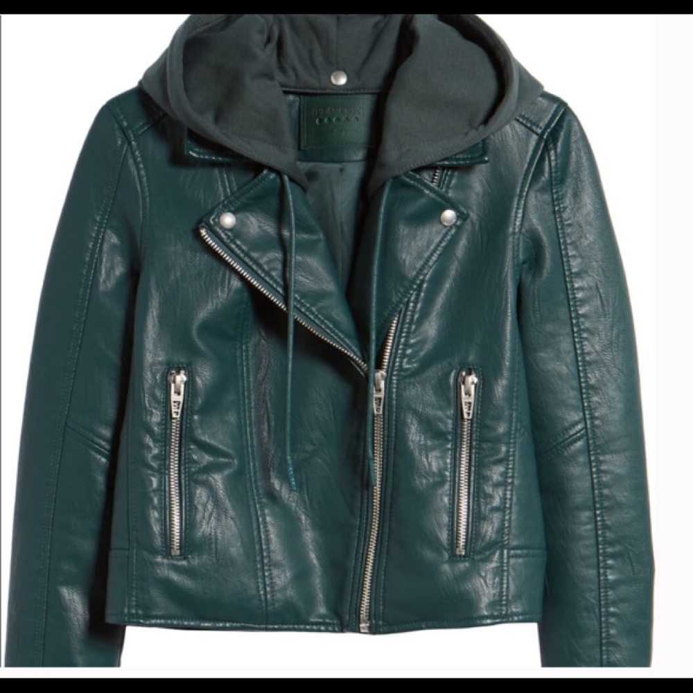BLANK NYC Green Hooded Faux Leather Moto Jkt SizeS